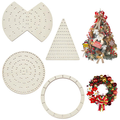 FINGERINSPIRE 4 Styles Wooden Wreath Frames for Craft Circular Wooden Wreath Boards Christmas Tree Shaped Macrame Flower Boards for Mesh Wreath Form Bow Shaped DIY Wreath Decor Supplies for Christmas