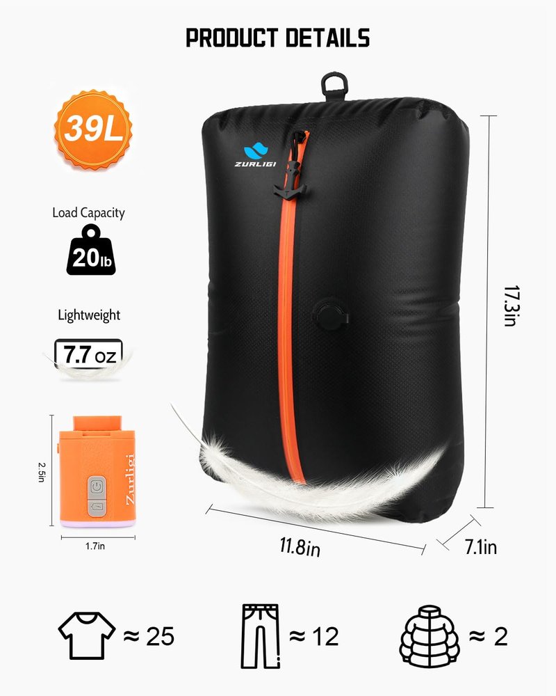 Zurligi Travel Vacuum Compression Bags with Removable Handle & Mini Pump – 39L Reusable IPX8 Waterproof Vacuum Packing Cubes, Vacuum Seal Bags for Clothes, Suitcase & Backpack(2-Pack Black)