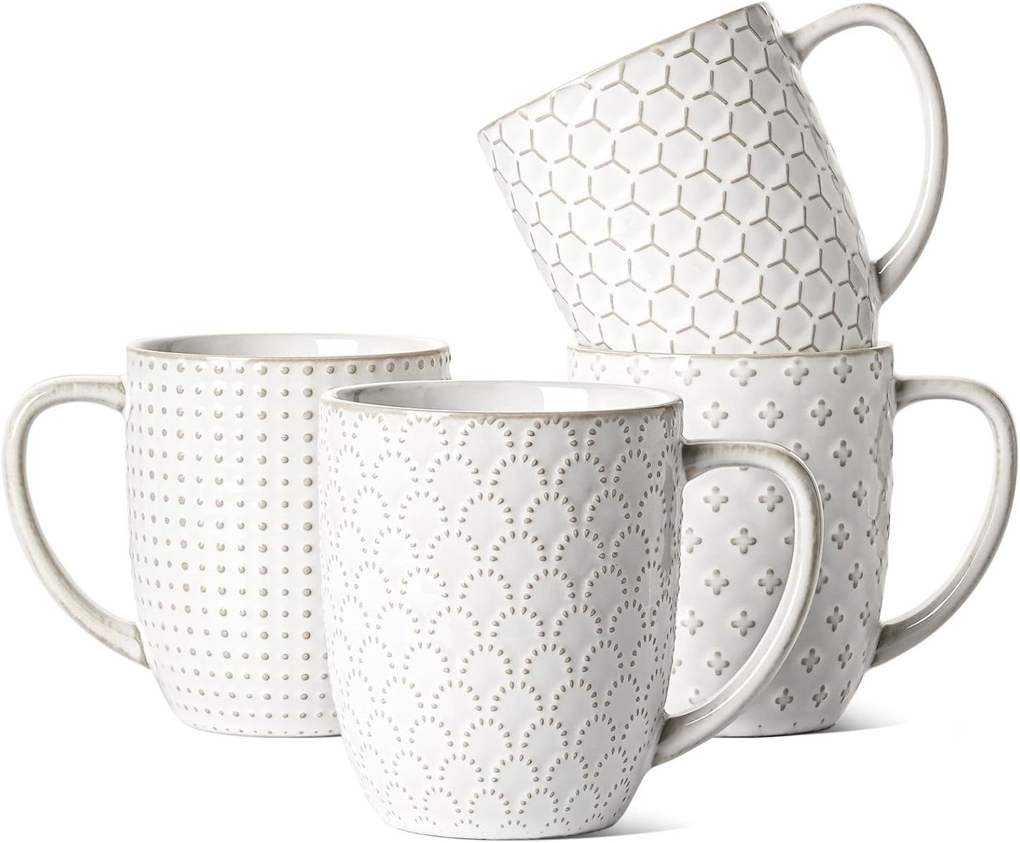 16 oz,Ceramic Set, 3.8 inch, Set 4, LE TAUCI Coffee Mugs Mug Embossment Cups for Latte, Hot Tea, Cappuccino, Mocha