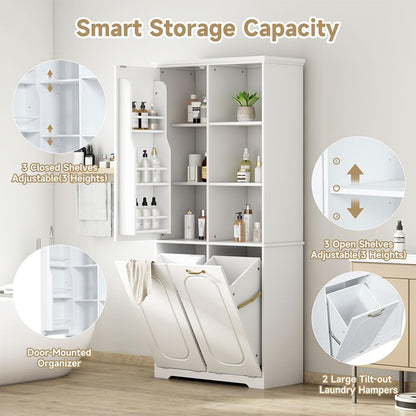 68" Bathroom Storage Cabinet with Double Tilt Out Laundry Hamper, Tall Freestanding Linen Cabinet with Adjustable Shelves & Door Organizer, Hidden Laundry Sorter for Bathroom Laundry Room, White,White
