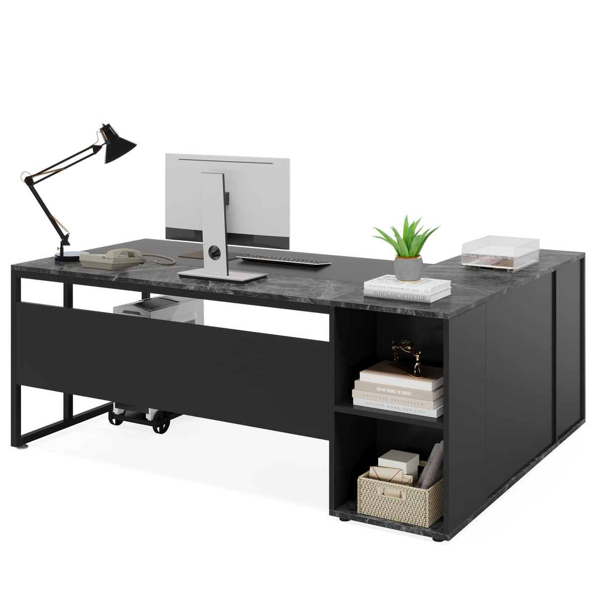 Tribesigns 71 inch Executive Desk, L Shaped Desk with Cabinet Storage, Executive Office Desk with Shelves, Business Furniture Set Workstation for Home Office, Black