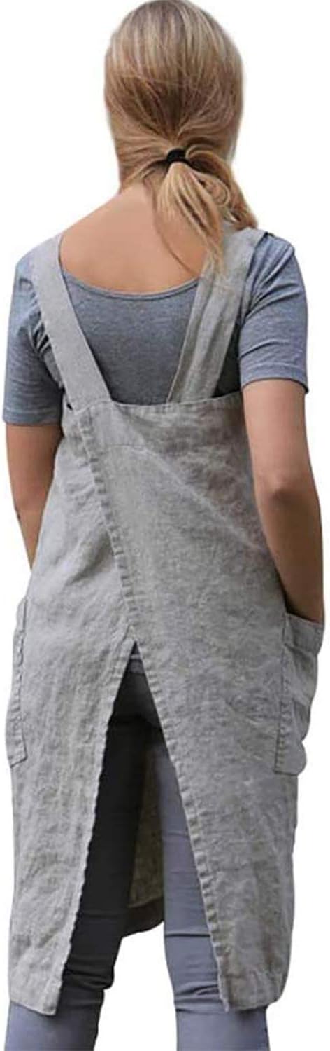Women's Cross Back Pinafore Apron with Pockets, Cotton Linen Dress, Plus Size