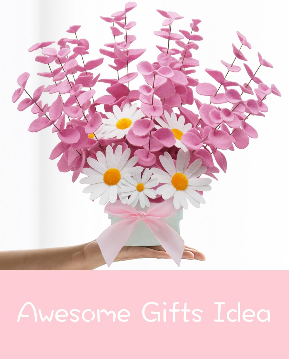 BAZIMA Felt Eucalyptus Daisy Bouquet,Felt Flowers,Multi-Color Felt Leaves,DIY Bouquet,Artificial Flower Bouquet with Flower Pot,Floral Gifts,15 Eucalyptus and 8 Daisies kit (Pink)
