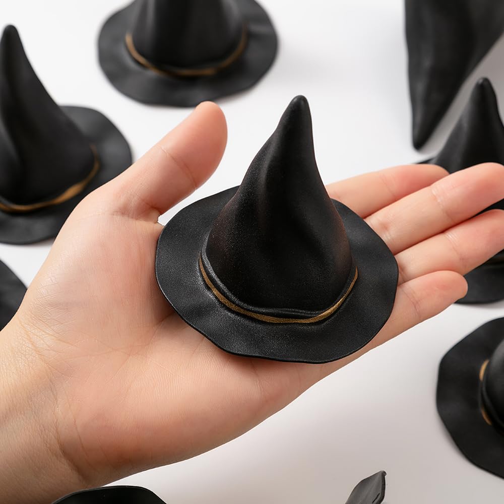tiecawk 12Pcs Plastic Witch Hats Mini Halloween Witch Hats Wizard Hat for DIY Crafts Bottle Toppers Halloween Party Supplies (Black)