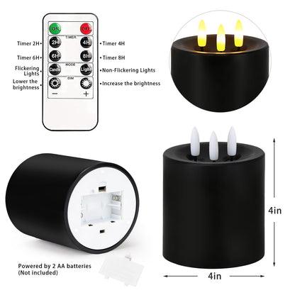 Large 3 Wick Flameless Candles Set of 2, 4"x4" Flickering LED Candles with Remote & Timer, Dimmable Real Wax Electric Pillar Candles Battery Operated, Black Candles Light for Home Halloween Decor