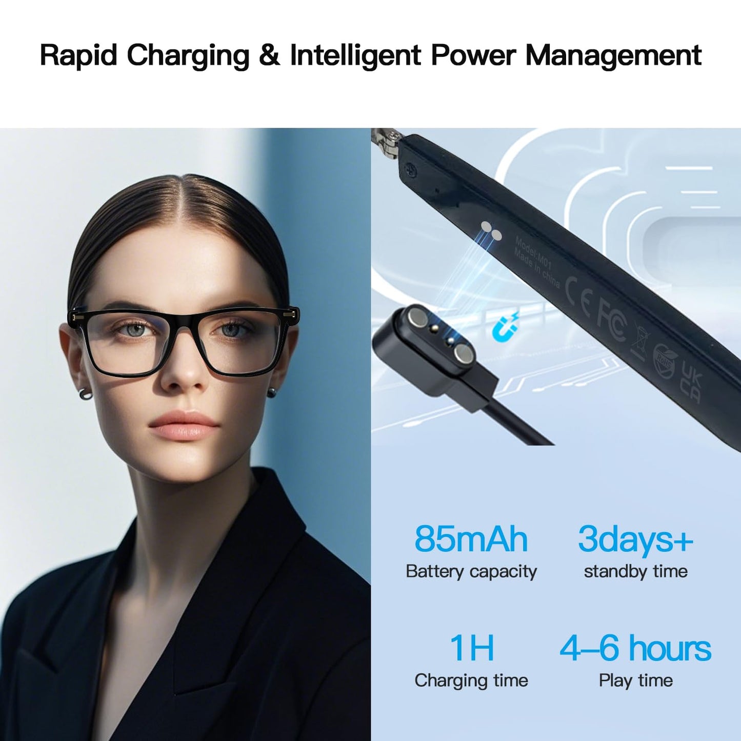 Bluetooth Audio Smart Glasses, Blue Light Glasses for Women Men, Remote Shooting, Open Ear Sound Mic & Speakers, Magnetic Charging, Color-Changing Polarized Sunglasses Lenses, Voice Assistant（GS06S)