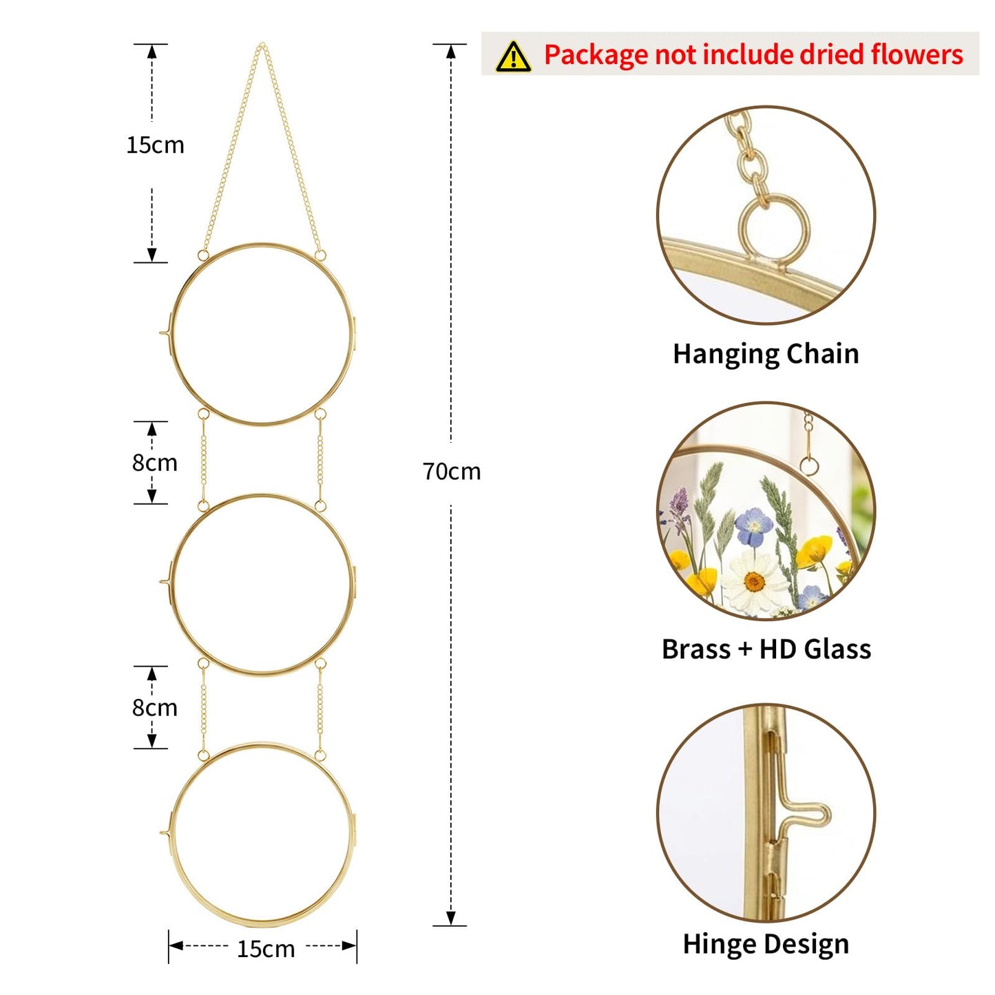FOCHIER F Pressed Flower Frames with Tweezers,Wall Hanging Double Glass Frames with Metal Chain for Pressed Dried Flowers,Gold Picture Frame with Plants Golden Tabletop Décor, Horizontal and Vertical