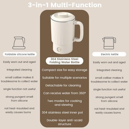Portable Travel Kettle, 600ML Small Electric Kettle with Foldable Handle, Food Grade Stainless Steel Collapsible Water Boiler with Dual Modes, Compact Portable Kettle for RV, Camping, Beige