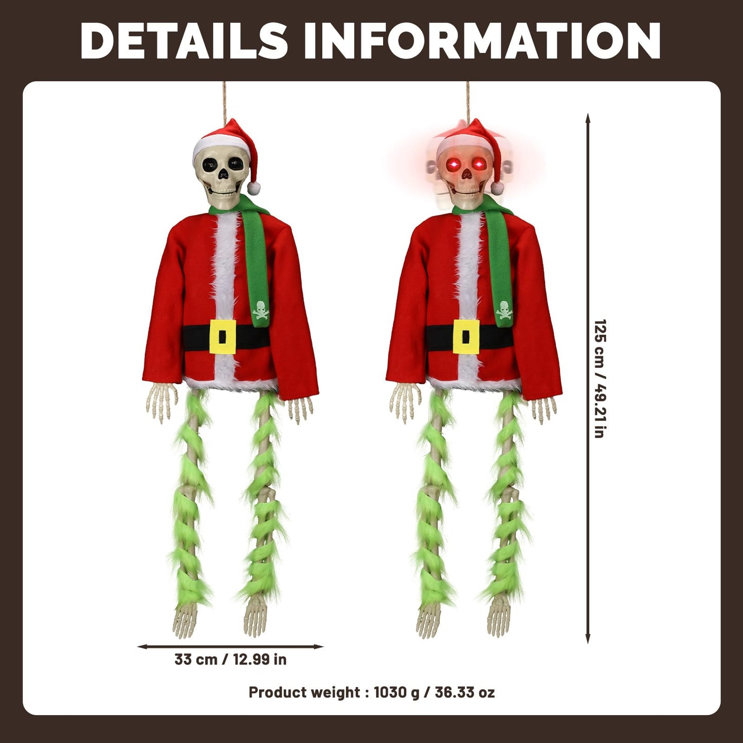 PUIWNON 4.1ft Hanging Skeleton Santa Decoration Light-Up Christmas Halloween Outdoor Decor for Garden Lawn Porch Party