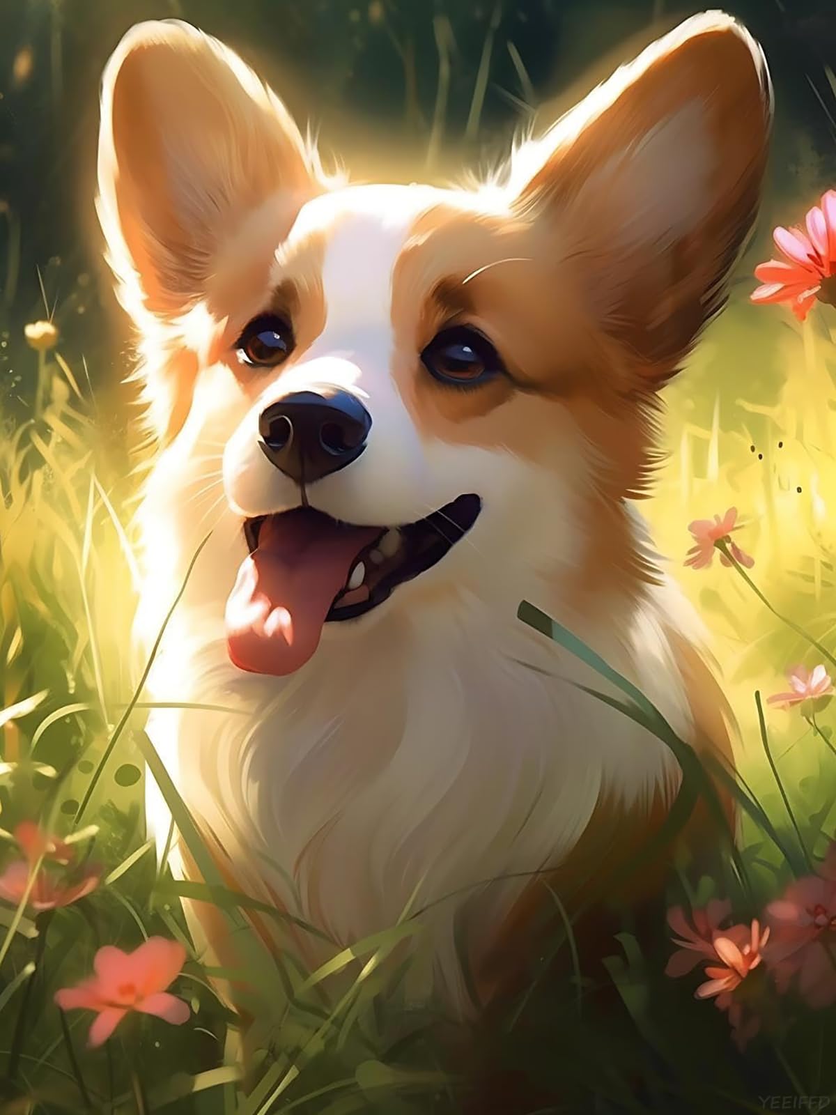 YEEIFFD Christmas Corgi Dog with Flowers Diamond Painting Kits for Adults, 5D Diamond Art Full Drill Gem Arts for Beginner Home Decoration Painting for New Year, Valentine's Day 12x16 in