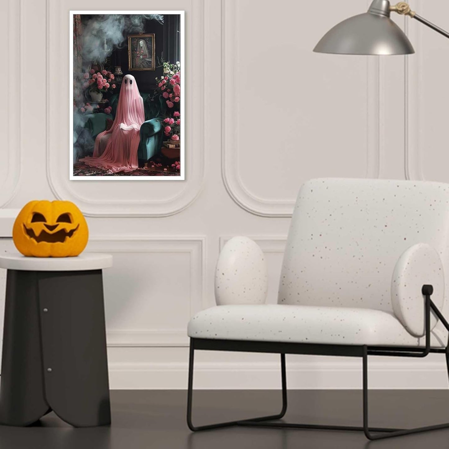 ADRHGCY Retro Pink Ghost Posters, Cute Horror Scary Wall Art, Ghost Figure Sitting on Weeds, 12x16in Unframed