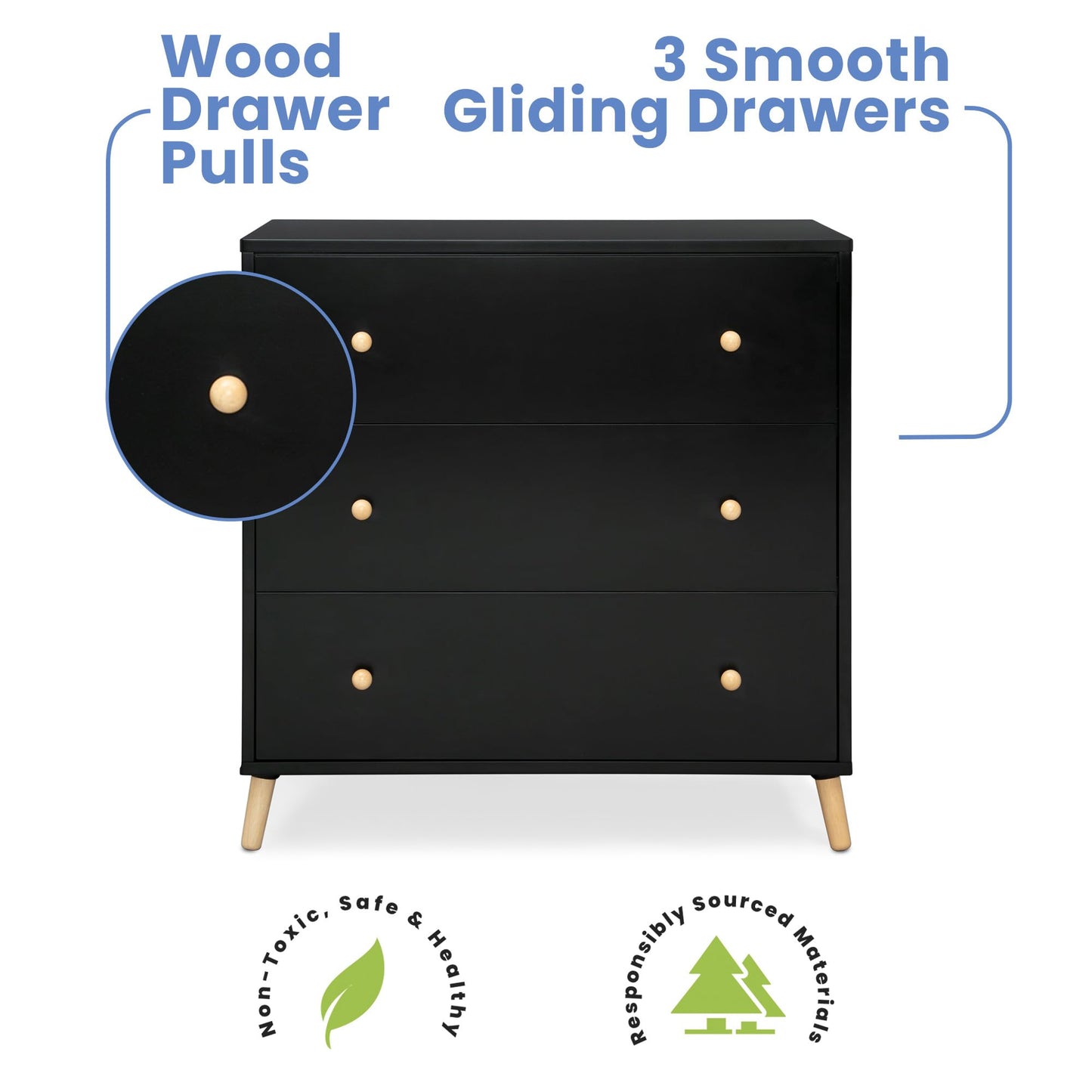 Delta Children Essex 3 Drawer Dresser with Interlocking Drawers, Ebony/Natural
