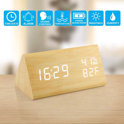 OCT17 Wooden Alarm Clock - Smart LED Digital Clock with Time Temperature, Humidity Display, Bamboo, Adjustable