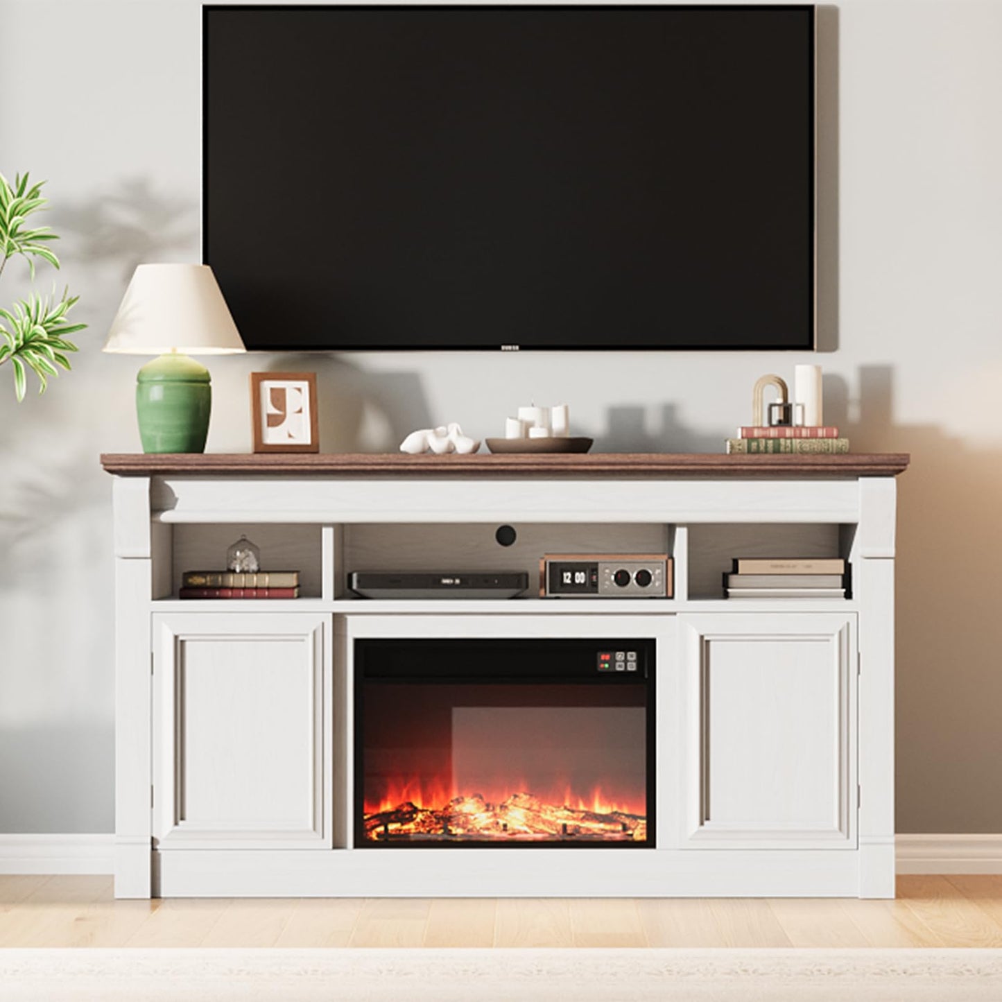 GarveeHome 58" Farmhouse Electric Fireplace TV Stand for TV Up to 65", Entertainment Center Console Table with Open Storage Shelves and Cabinets for Living Room