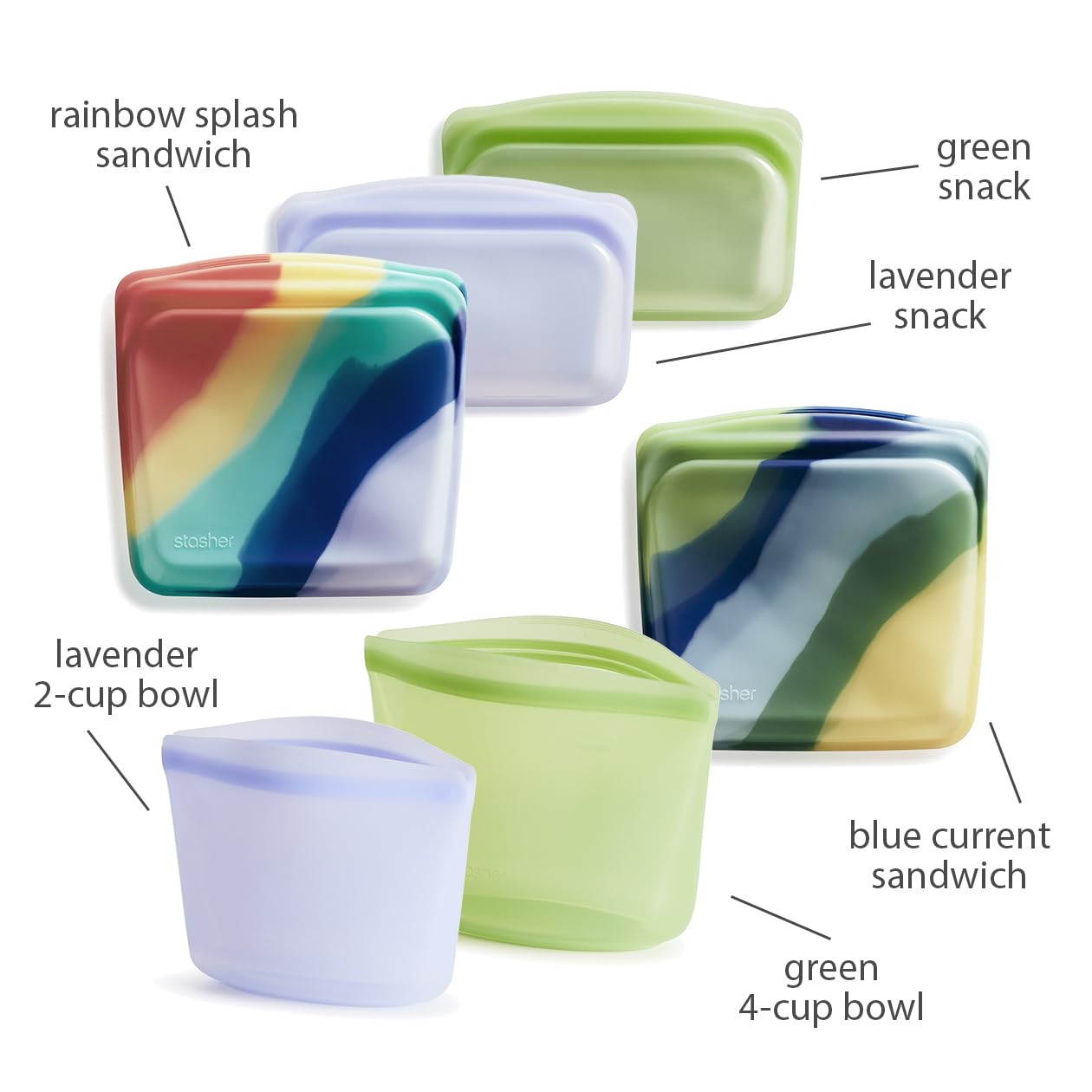 Stasher Premium Silicone Reusable Food Storage Bags, 4-Pack, Multi, Multi-Use Food Storage Bags, Lunch Bag, Travel Containers, BPA Free, Leak-free, Dishwasher-Safe, Eco-friendly