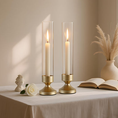 Hurricane Glass Candle Holders, Set of 10 Metal Taper Candlesrick Holders for Centerpieces Tall Gold Candle Stands Bulk with Glass Cylinder for Wedding Birthday Party Table Decor