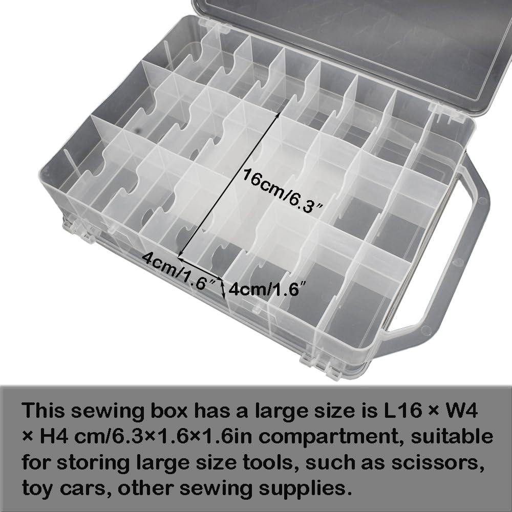 Double-Sided Sewing Organizer Box with 46 Grids - Clear Plastic Thread Storage Case for Embroidery Floss, Sewing Threads, Needles, Beads & Craft Supplies (Portable Craft Organization Container)