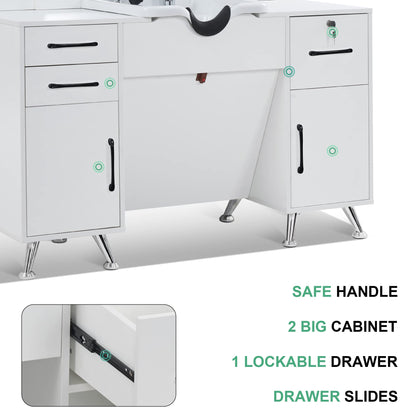 BarberPub Backwash Shampoo Bowl Cabinet, Wall Mount Station with Mirror, Storage Cabinet with Drawers & Shelf 3141 (White)