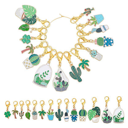 HOBBIESAY 28Pcs 14 Styles Enamel Alloy Crochet Stitch Marker Cute Cactus Potted Plants Removable Crochet Stitch Marker Charms with Lobster Claw Clasps for Crocheting Knitting Quilting Supplies