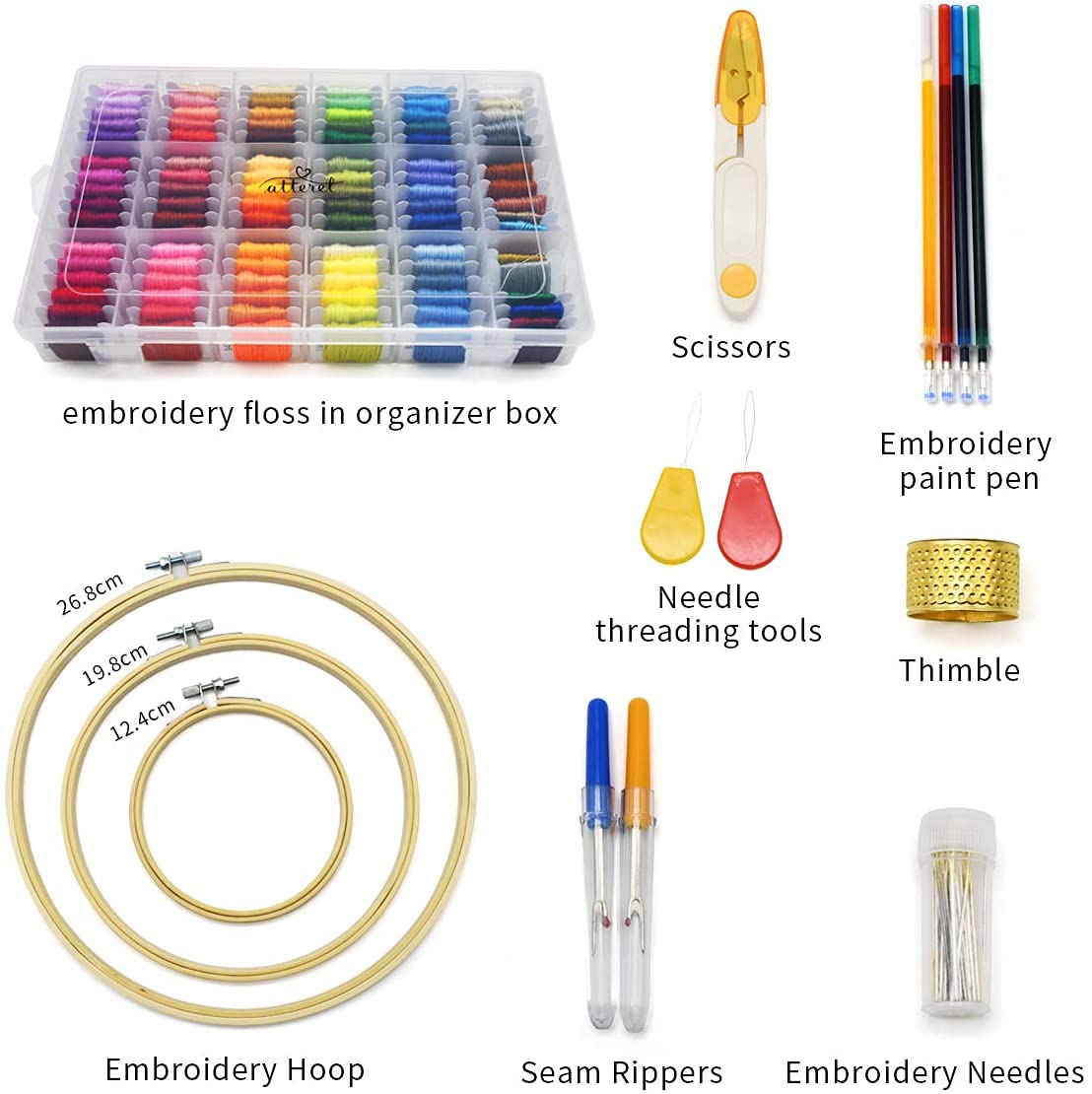 ATTERET Full Range Embroidery and Cross Stitch Starter Kit with Premium Storage Organizer Bag, Includes 99 DMC Coded Cotton Threads, 9 Metallic Floss, 3 Hoops, Needles, Scissors + More (Purple)
