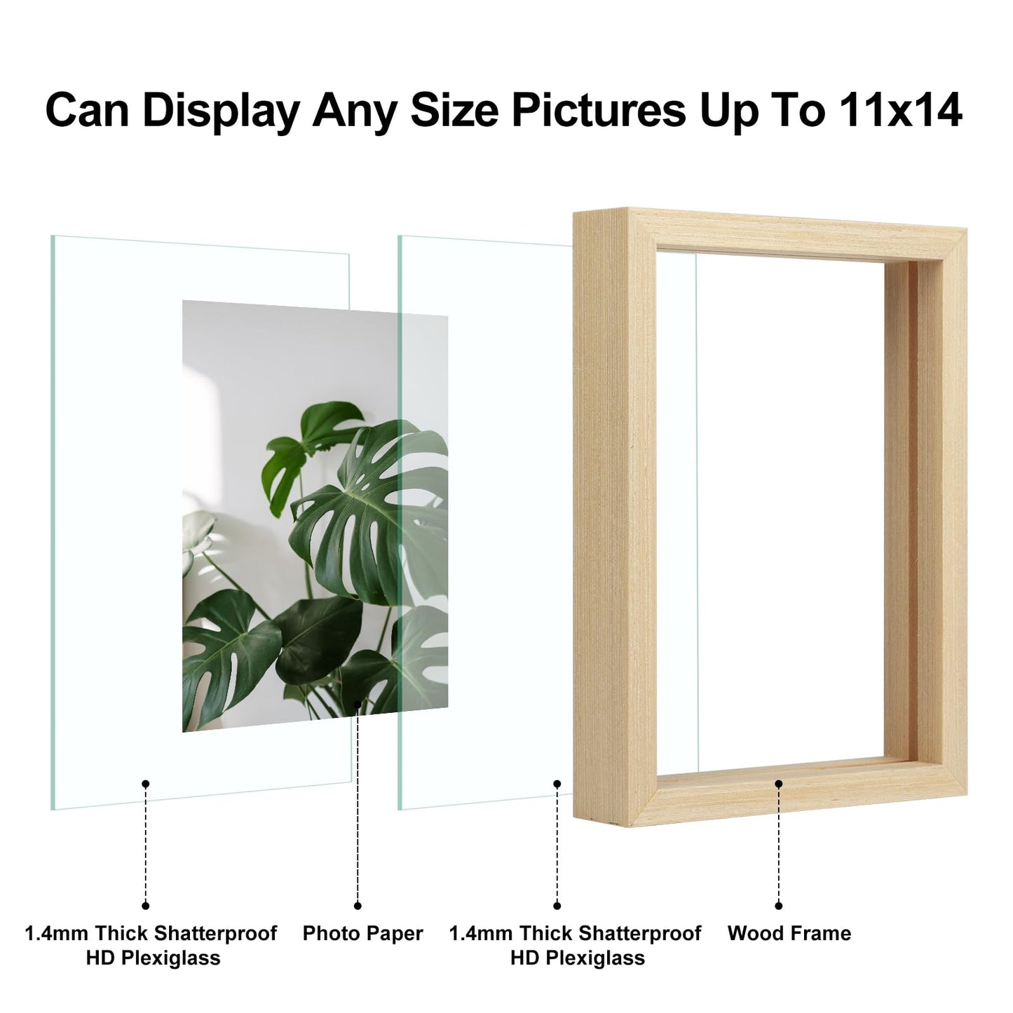 Egofine 11x14 Floating Frames Set of 2, Double Plexiglass Picture Frame, Made of Solid Wood Display Any Size Photo up to 11x14, Wall Mount or Tabletop Standing, Natural Wood