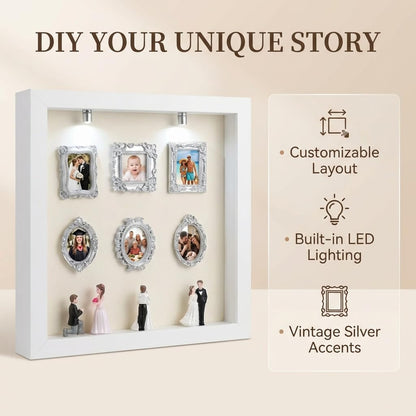 AHFYDX DIY Mini Frames Silhouette Box, Shadow Box Frame with 6 DIY Frames，2 Lights and 4 Dolls, Customizable Design, Warm Style, Sentimental Gift for Family and Couples（White-Acrylic Front pane）