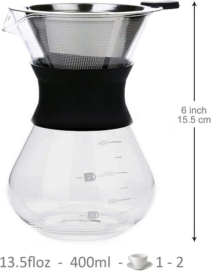 Boxtree Pour Over Coffee Maker Set with Reusable Stainless Steel Drip Filter, Glass Carafe & Permanent Filter