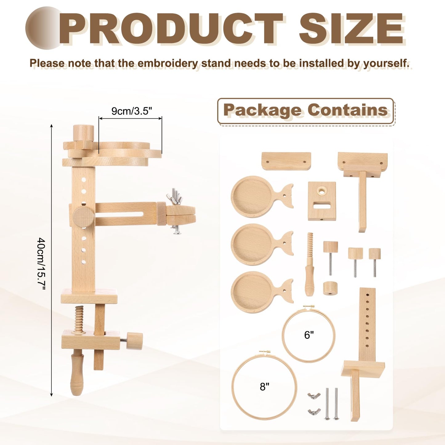 PATIKIL Embroidery Hoop Stand, Adjustable Beech Wood Cross Stitch Stand Holder with Built-in Storage Tray for DIY Art Craft, Sewing, Needlework Projects, with 6" & 8" Embroidery Hoop