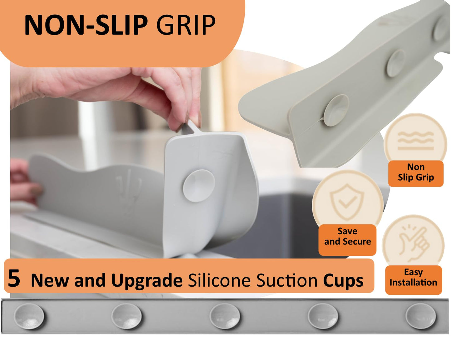 Silicone Sink Splash Guard with Sponge Holder -19.5" x 4.5" x 2.5",- Strong Suction - Sink Edge Protectors for Kitchen Sink - Kitchen Sink Splash Guard - Gray