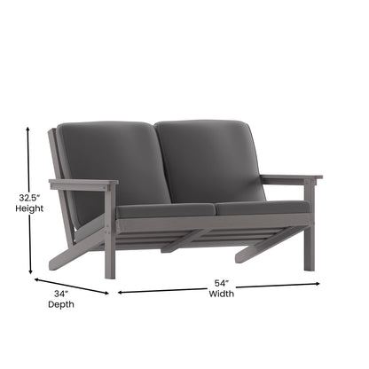 Flash Furniture Charlestown Adirondack Style Deep Seat Patio Loveseat with Cushions - Gray Poly Resin Frame - Gray All-Weather Cushions - Indoor/Outdoor