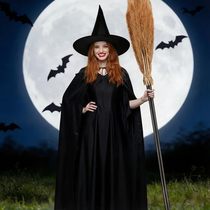 Jetec Halloween Witch Broom Hat Set Black Hat with 39.4 Inch Broom Realistic Wizard Witch for Halloween Party Cosplay Props Costume Accessories