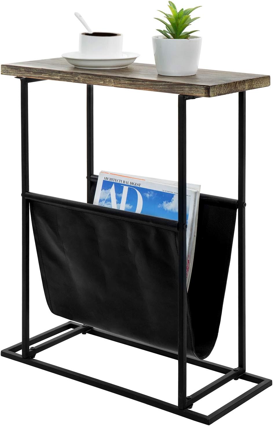 21 Inch MyGift Narrow Side Table for Small Spaces, Tall Slim End Table with Magazine Holder Sling, Wooden Narrow