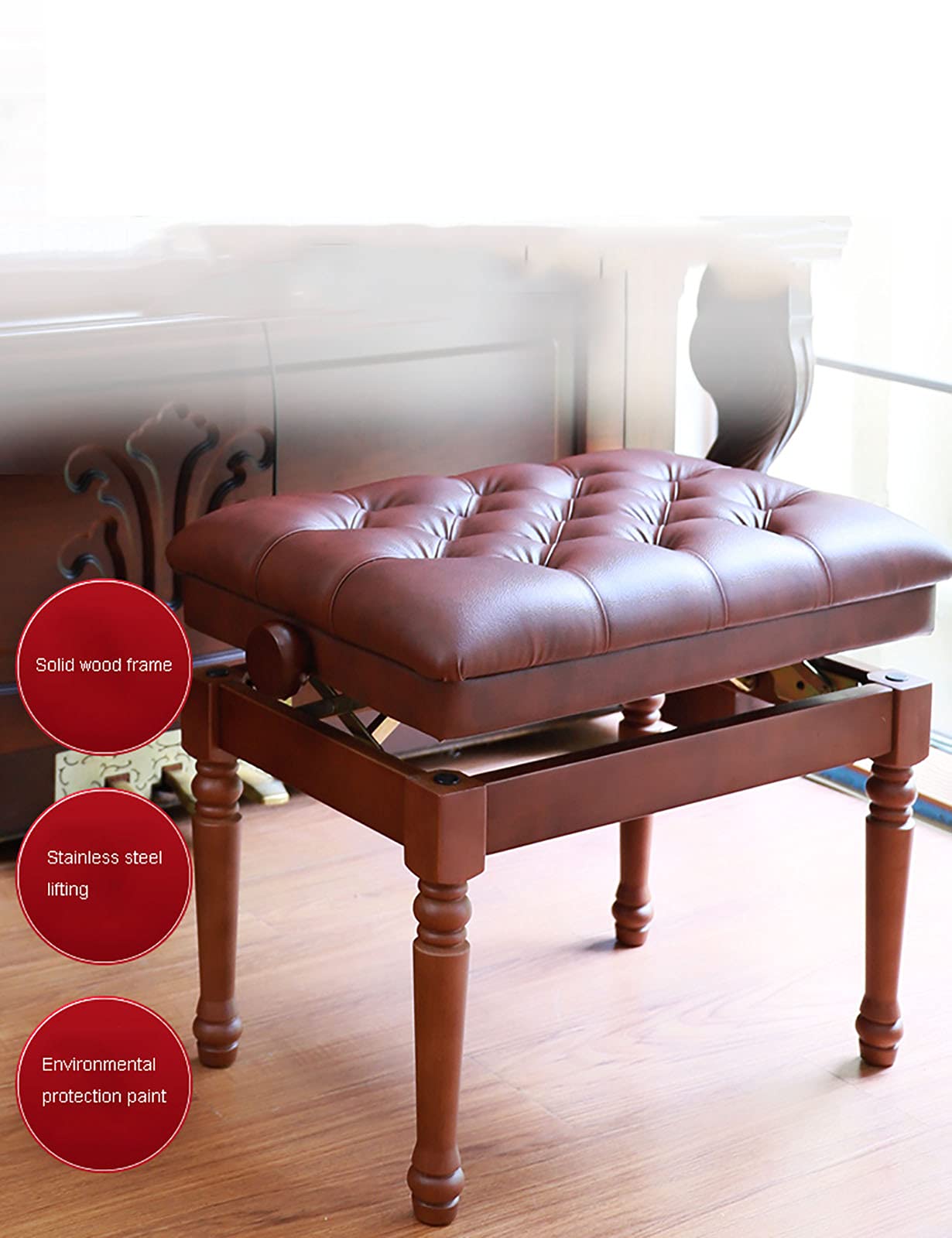 Sofa Bench Stool - Modern Leather Piano Bench for Keyboard Vanity | Walnut Finish, Adjustable Height | Stylish & Versatile Design for Home & Studio Use,Walnut