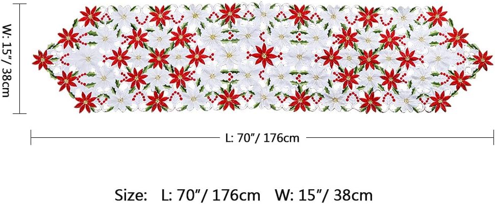 OurWarm Christmas Table Runners, Embroidered Poinsettia Holly Leaf Table Linens, 15 x 70 Inch