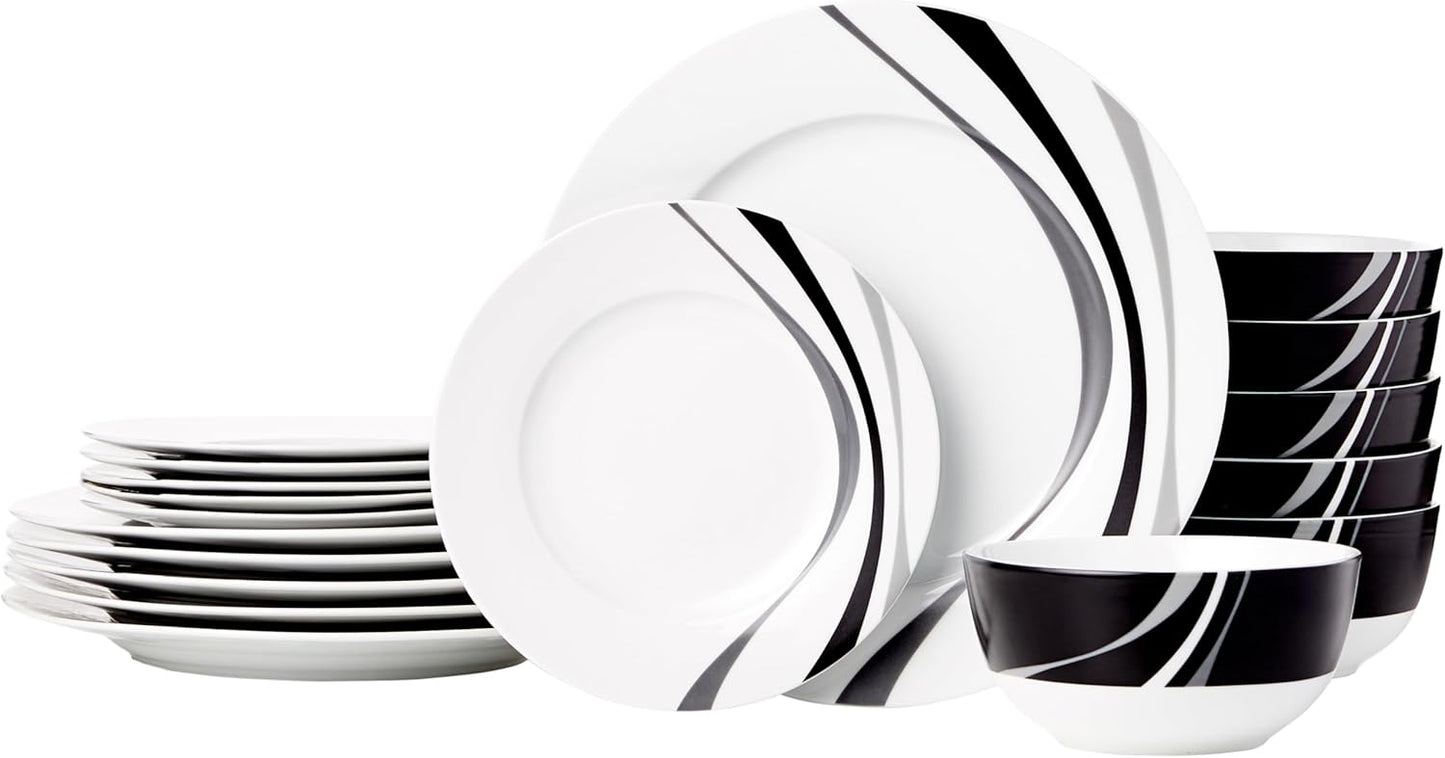 18-Piece Set, 6, Amazon Basics Complete Kitchen Dinnerware Microwave and Dishwasher Safe, Plates, Dishes, Bowls, Swirl