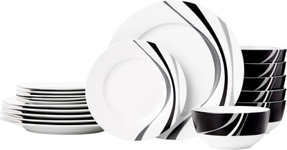 18-Piece Set, 6, Amazon Basics Complete Kitchen Dinnerware Microwave and Dishwasher Safe, Plates, Dishes, Bowls, Swirl