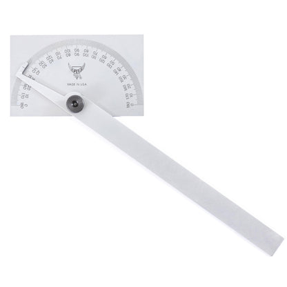 PEC Tools Stainless Steel Angle Protractor with Double Graduation - Ideal for Drawing Radial Lines, Setting Bevels, Transfer Angles, 6" Blade Length, 0-180 Range, Rectangular Head, Made in USA