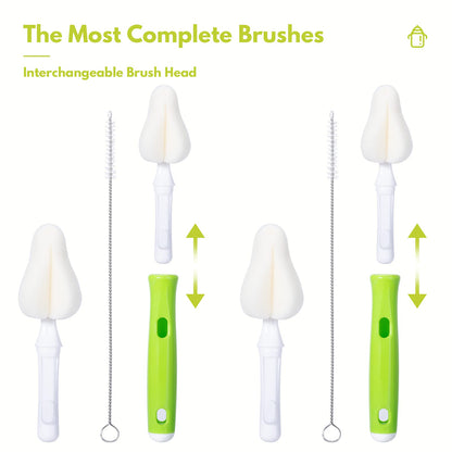 Carebabymore 8 Piece Sponge Nipple Bottle Brushes, Baby Bottle Brush with 3 Piece Nipple Cleaner, 3 Piece Replacement Heads and 2 Piece Straw Brushes, Green