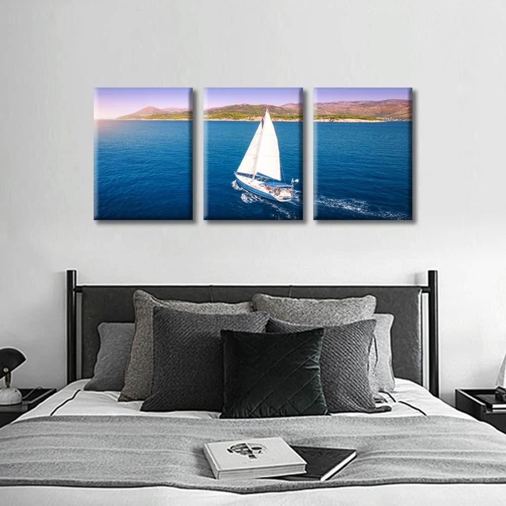 TUMOVO Aerial View of Sailboat in Sea | Modern Wall Art Seascape Canvas for Living Room, Bedroom Decor