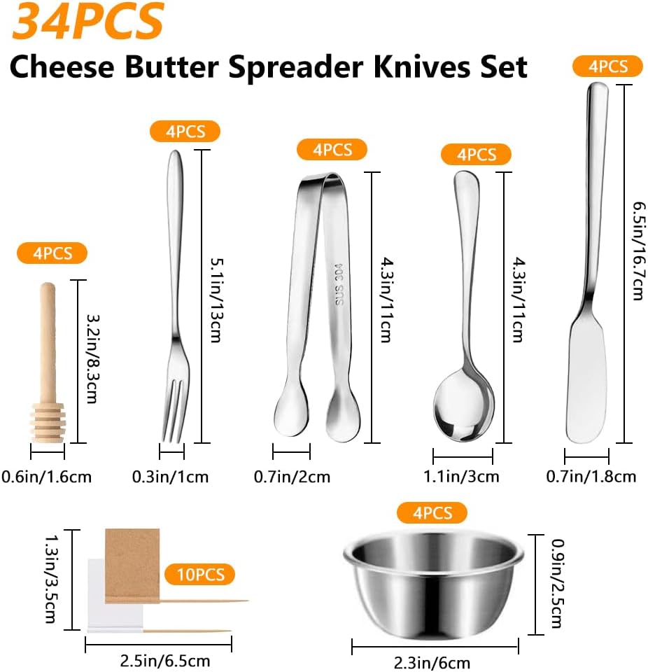 34PCS Cheese Butter Spreader Knives Set - Charcuterie Board Accessories, Stainless Steel Utensils for Pastry Making