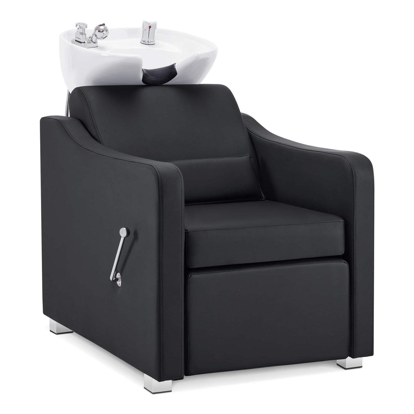 BarberPub Backwash Shampoo Station Chair, Adjustable Porcelain Ceramic Hair Wash Bowl with Chair, Shampoo Station for Barber Shop, Spa Beauty Salon Equipment 9364 (Black)
