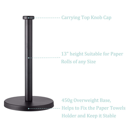 Black Standing Paper Towel Holder for Kitchen& Bathroom Countertop,Under Counter, Table Or BBQ, Standard or Jumbo-Sized Roll Paper (with Stainless Steel Base)