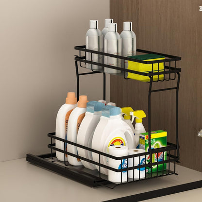 Skiennix Under Sink Organizer - 2 Tier Pull-Out Cabinet Storage with Metal Sliding Drawers | Black