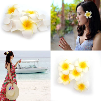 Pursuestar 100Pcs White Foam Hawaiian Frangipani Artificial Plumeria Flower Petals Cap Hair Hat Wreath Floral DIY Home Wedding Decoration 5cm