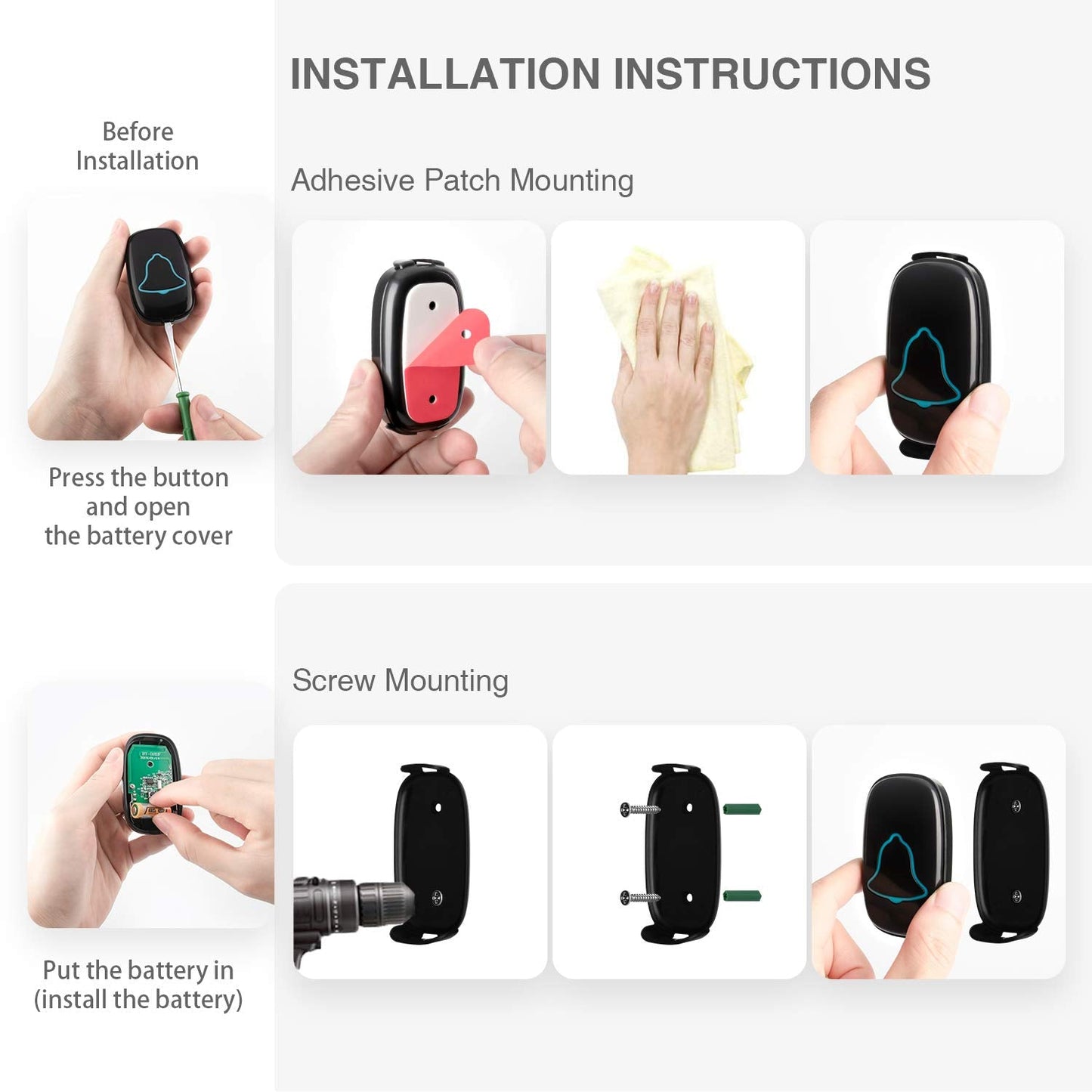 BO YING Wireless Doorbell, Bo Ying Waterproof Door Bell with 38 Melodies and Led Flash, Easy Install, 1000-Foot Range,1 Push Button & 1 Receiver, White