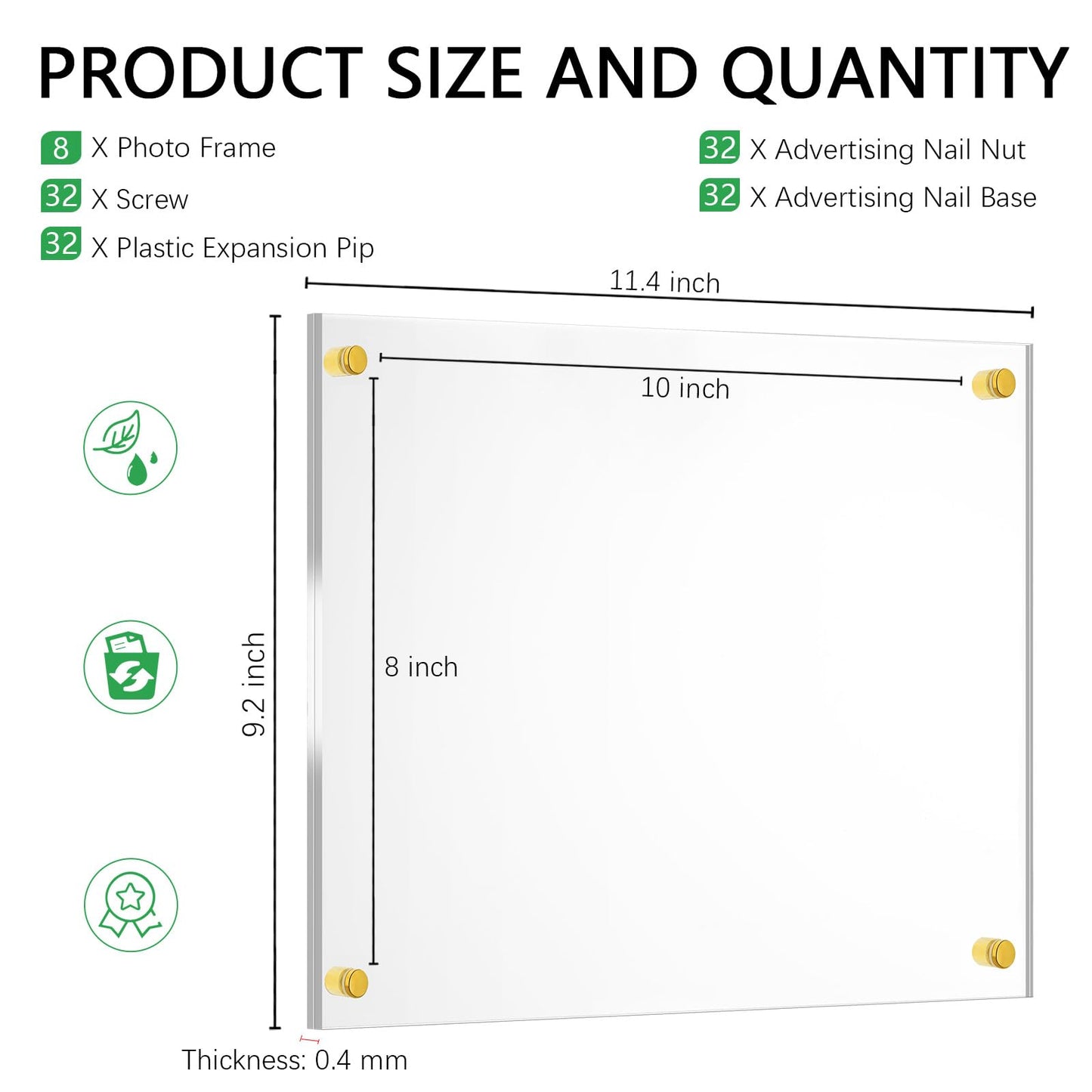 Sintuff 8 Pack Acrylic Floating Picture Frame Wall Mount Frameless Photo Frames Double Panel Clear for Office Home Photography Display (for 8" X 10" Picture,Full Frame 9.2" X 11.4",Gold)