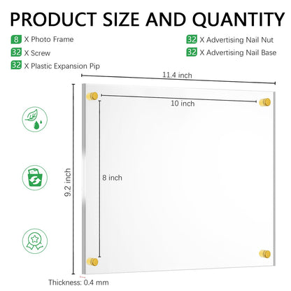 Sintuff 8 Pack Acrylic Floating Picture Frame Wall Mount Frameless Photo Frames Double Panel Clear for Office Home Photography Display (for 8" X 10" Picture,Full Frame 9.2" X 11.4",Gold)