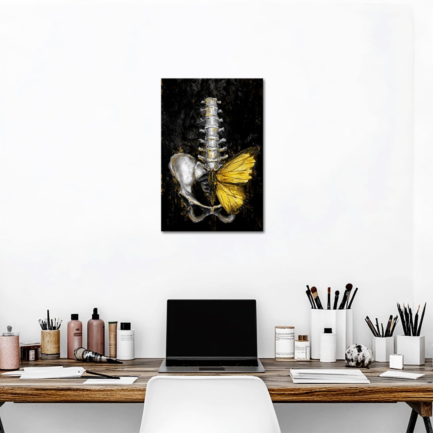 iKNOW FOTO Anatomical Spine Wall Art with Gold Butterfly 16x24 Inch Medical Skeleton Canvas Print for Doctor Office Nurse Station Physical Therapy Clinic Decor Ready to Hang