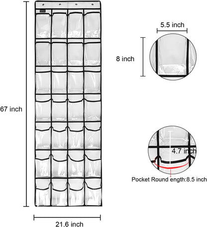 28 Large Transparent Pockets Over The Door Shoe Organizer, Sturdy Hanging Shoe Rack for Closet, Sneakers, 4 Hooks