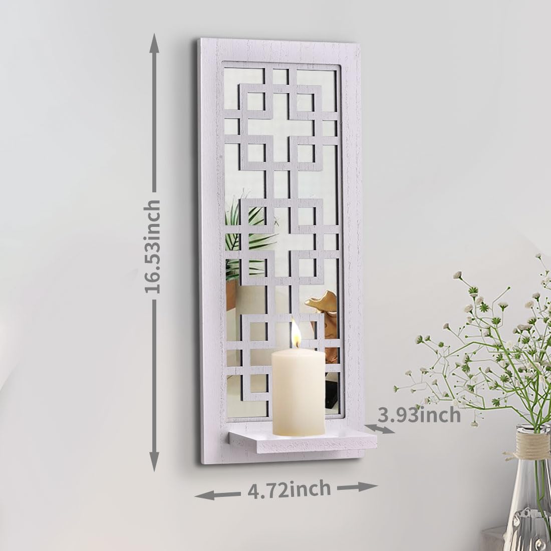 Aeveco Set 2, Wall Mirrored Candle Sconces of Decorative Wooden Candle Holder, Rustic Candle Sconce, White Living Room